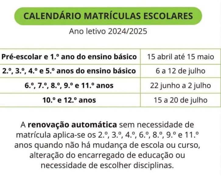 Calend&aacute;rio Matr&iacute;culas Escolares