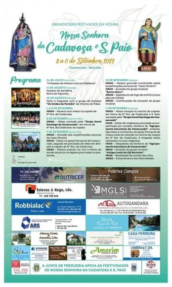 Programa das Festividades em honra de Nossa Senhora da Cadavosa e S. Paio, a realizar entre 8 a 11 de Setembro.