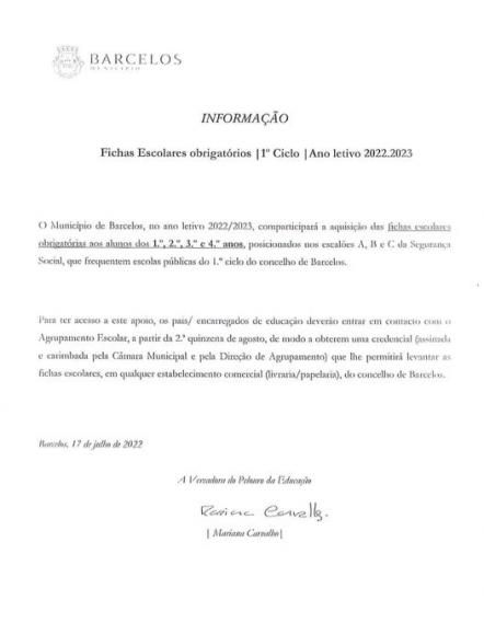 Comparticipa&ccedil;&atilde;o na aquisi&ccedil;&atilde;o das Fichas Escolares para o pr&oacute;ximo ano lectivo - 1. Ciclo!